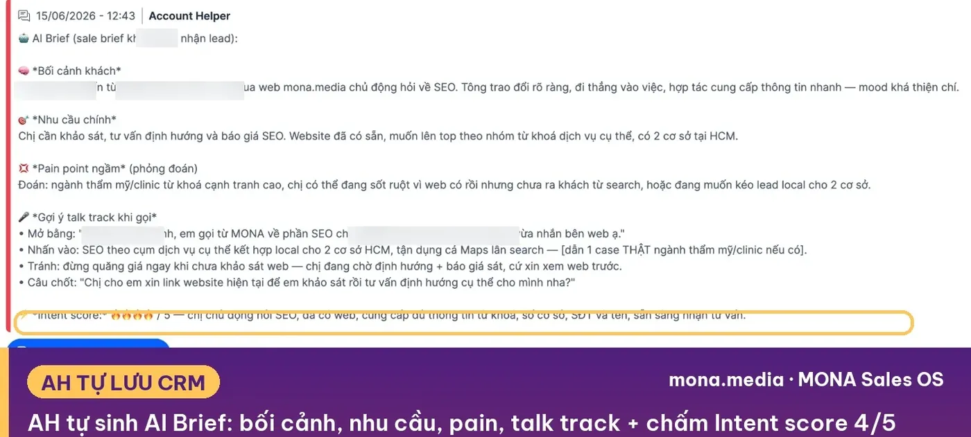 Màn hình MONA Sales OS tự sinh hồ sơ khách và chấm intent 4/5