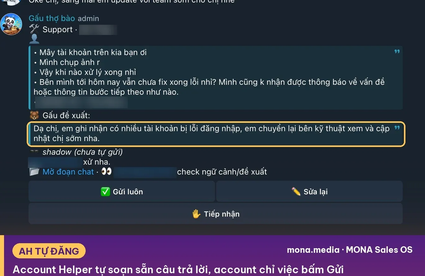 Câu trả lời soạn sẵn với ba nút gửi luôn, sửa lại, tiếp nhận