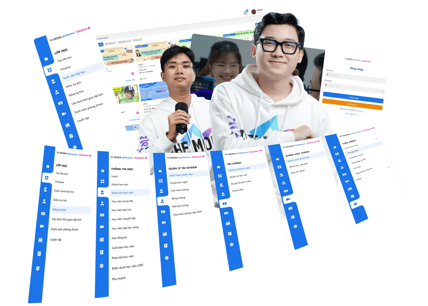 Nhân sự MONA cùng màn hình phần mềm quản lý giáo dục MONA làm