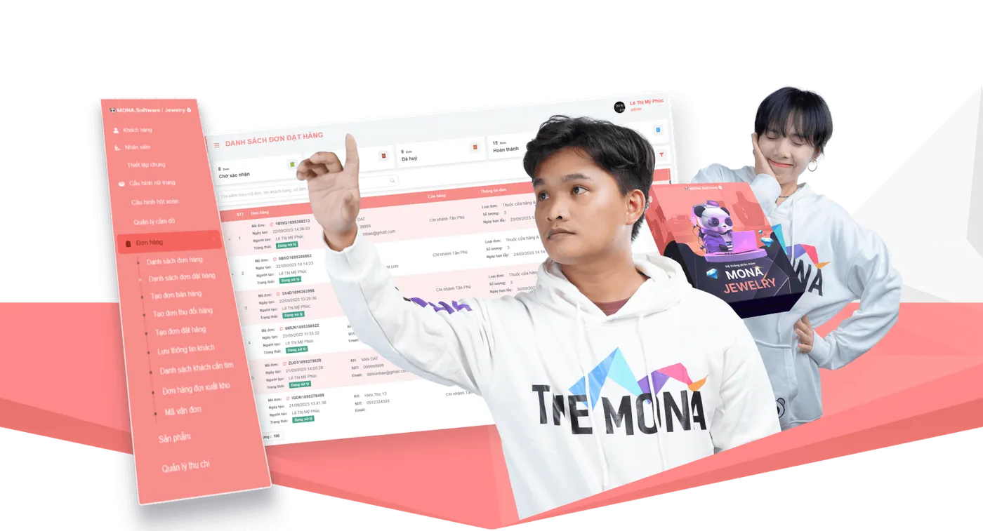 Nhân sự MONA cùng màn hình MONA JMS, phần mềm quản lý tiệm vàng và trang sức
