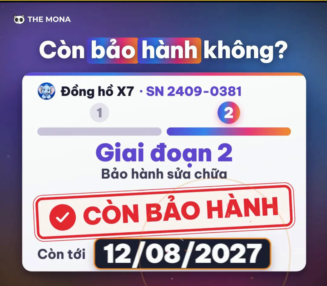 Trợ lý AI trả lời khách: đồng hồ điện tử X7 số seri 2409-0381 đang ở giai đoạn 2 bảo hành sửa chữa, còn bảo hành tới 12/08/2027