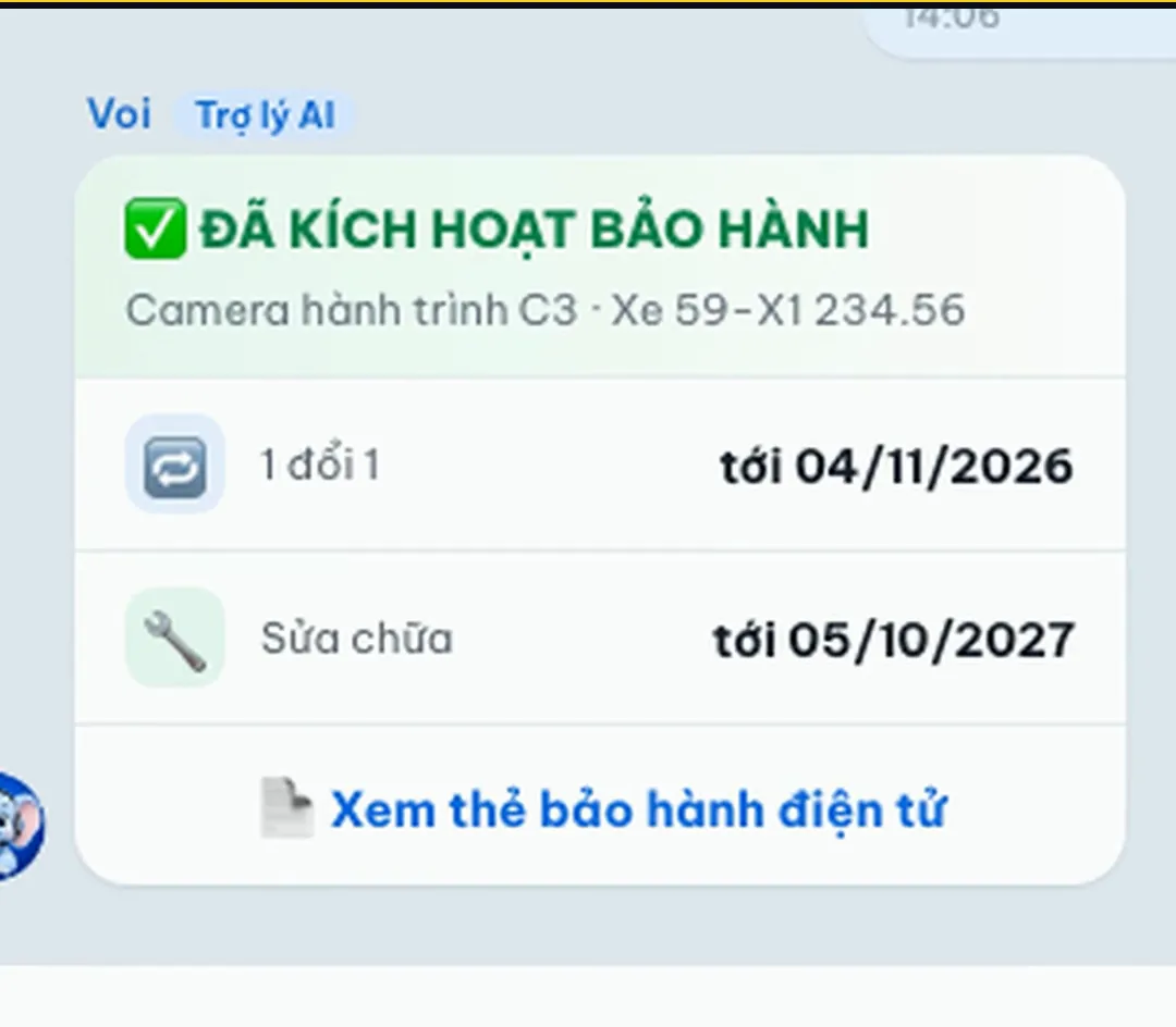 Trợ lý AI báo đã kích hoạt bảo hành camera hành trình C3: 1 đổi 1 tới 04/11/2026, sửa chữa tới 05/10/2027, kèm nút xem thẻ bảo hành điện tử