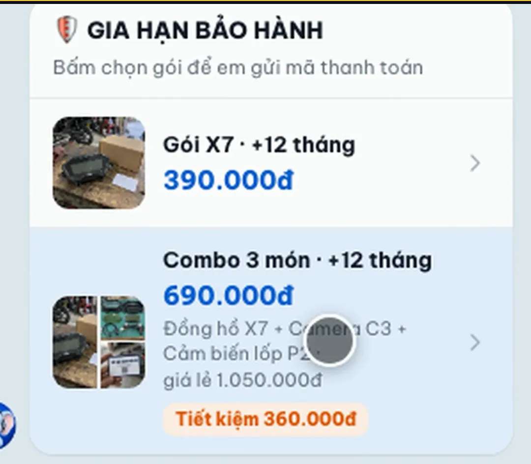 Danh sách gói gia hạn bảo hành: gói đồng hồ X7 thêm 12 tháng 390.000đ, combo 3 món thêm 12 tháng 690.000đ
