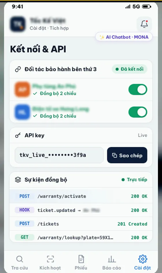 Màn kết nối và API: hai đối tác bảo hành bên thứ ba đồng bộ hai chiều, khoá API và nhật ký gọi tra cứu, kích hoạt bảo hành