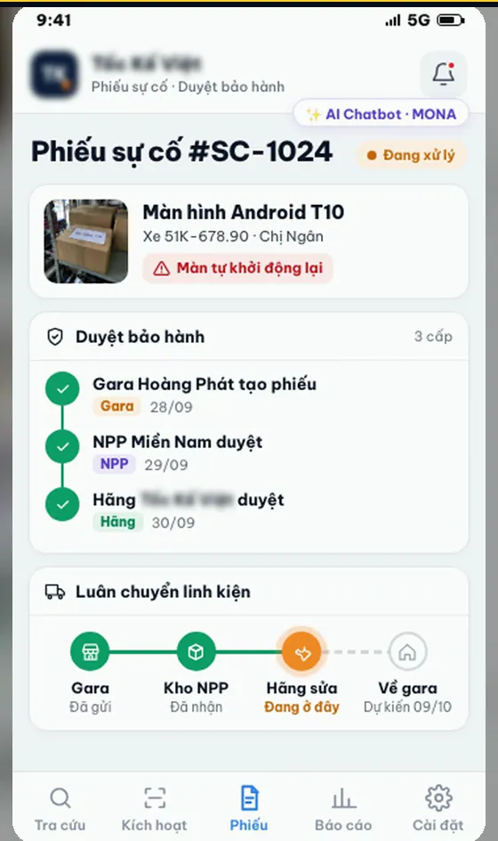 Phiếu sự cố màn hình Android T10 duyệt ba cấp gara, nhà phân phối, hãng và luân chuyển linh kiện từ gara tới hãng sửa