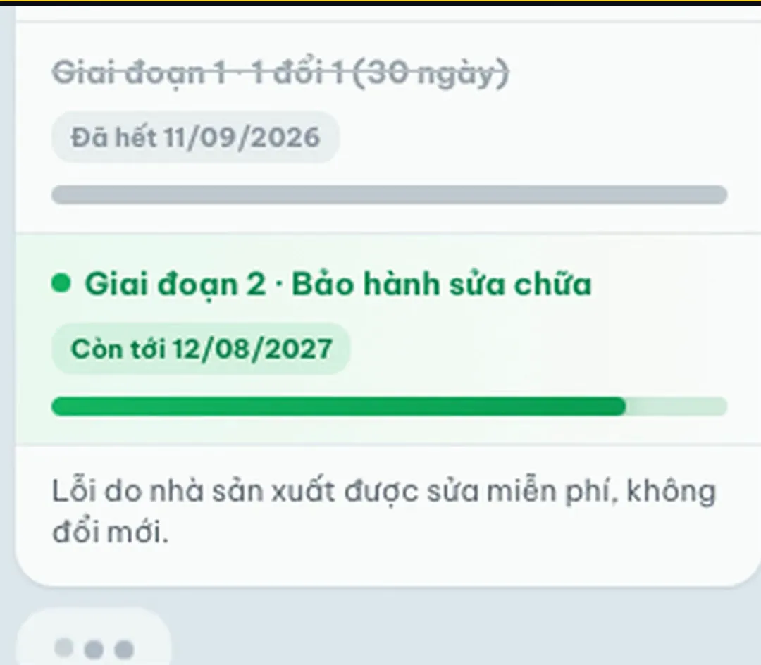 Thẻ tình trạng bảo hành: giai đoạn 1 đổi 1 trong 30 ngày đã hết, giai đoạn 2 bảo hành sửa chữa còn tới 12/08/2027