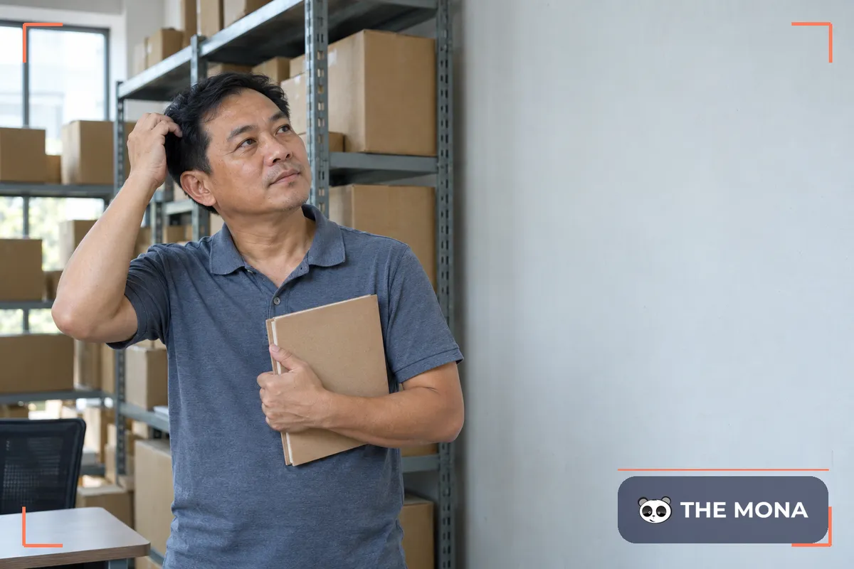 Chủ doanh nghiệp bán sỉ đứng trong kho, ôm sổ đơn hàng, gãi đầu suy nghĩ