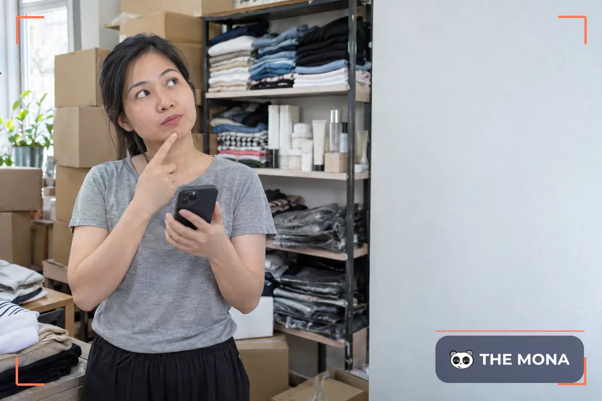 Chủ shop quần áo và mỹ phẩm đứng trong kho hàng mới về, cầm điện thoại, tay chạm cằm suy nghĩ
