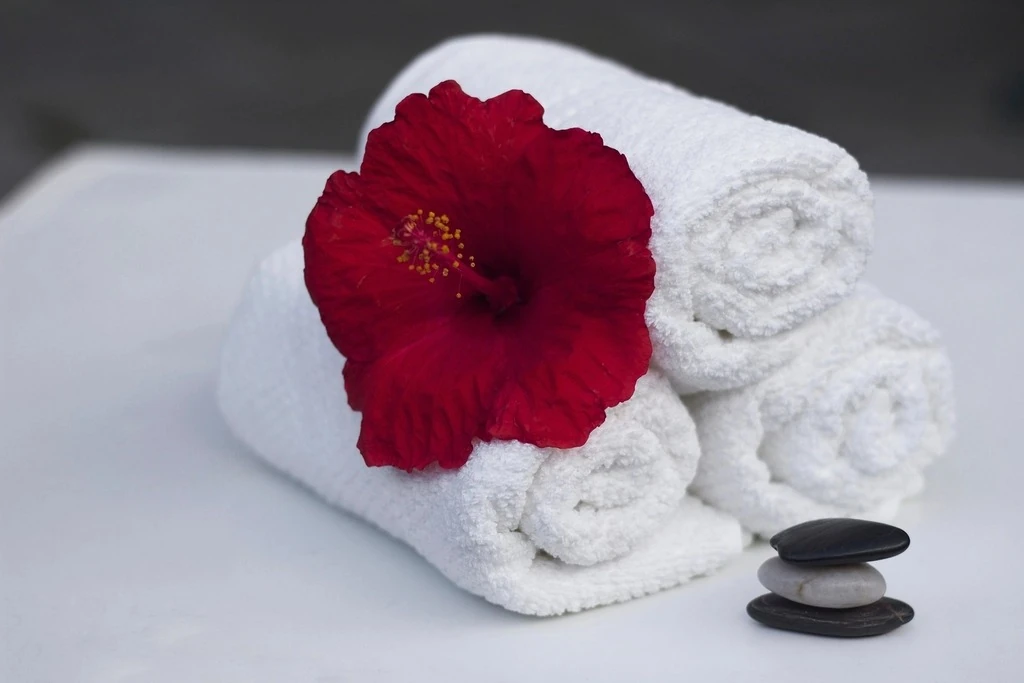 Khăn trắng cuộn tròn với bông hoa đỏ và đá nóng trong spa