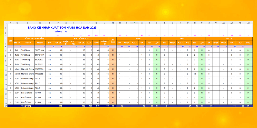 Cách tạo mẫu file excel quản lý kho nhiều chi nhánh