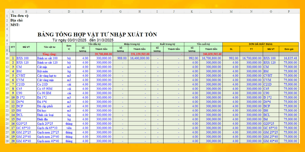 Cách quản lý xuất nhập tồn kho bằng excel