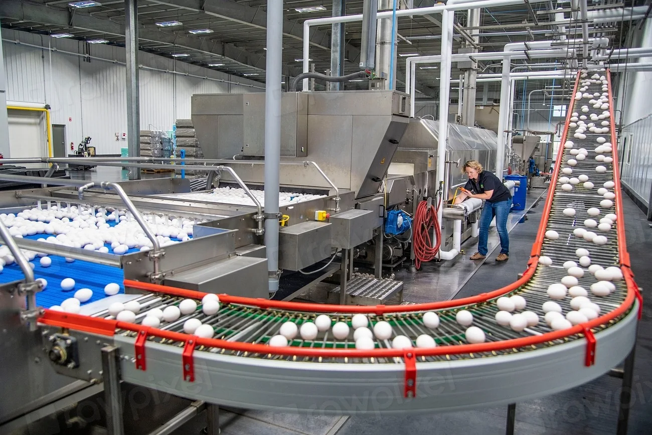Dây chuyền sản xuất có băng chuyền và công nhân vận hành trong nhà xưởng