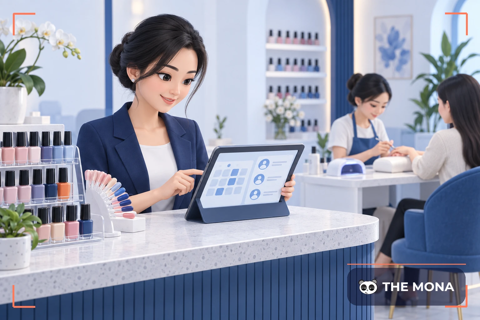 Chủ tiệm nail quản lý lịch hẹn trên máy tính bảng bên cạnh khu làm móng