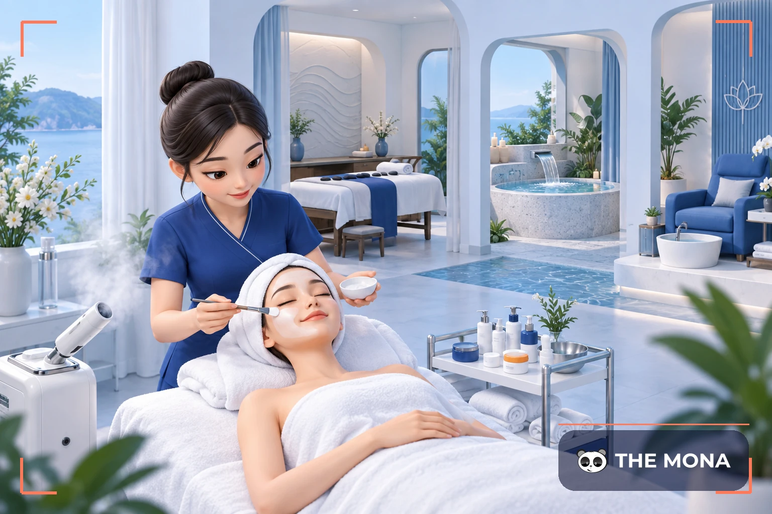 Nhân viên chăm sóc da mặt tại spa có khu massage và bồn thủy trị liệu