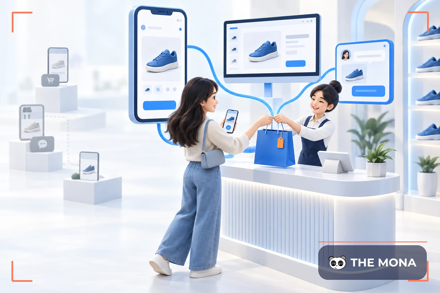 Khách nhận hàng tại cửa hàng với các kênh mua sắm trực tuyến kết nối