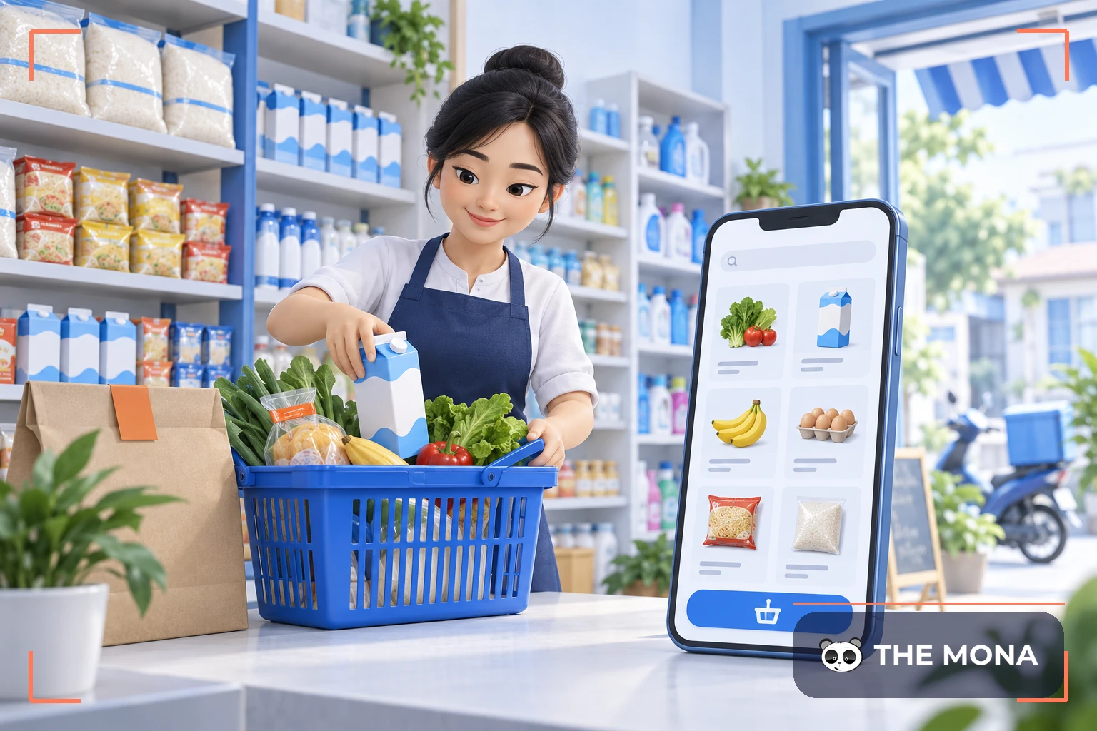 Chủ tiệm tạp hóa đóng gói hàng cạnh điện thoại hiển thị cửa hàng online