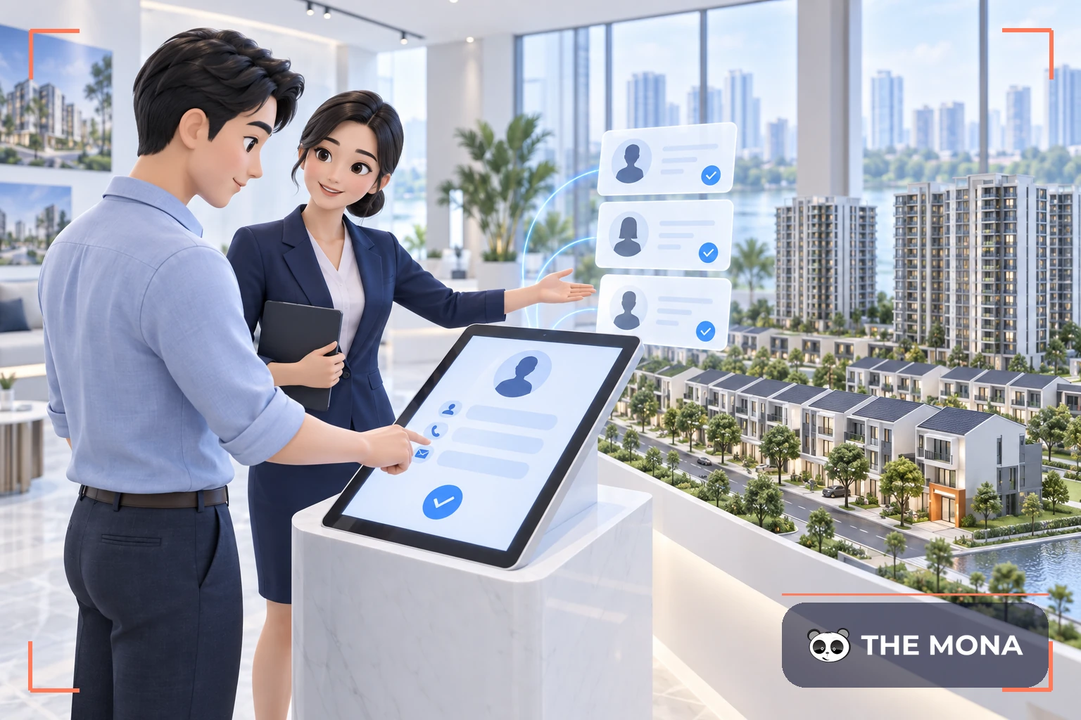 Khách hàng đăng ký thông tin trên máy tính bảng cạnh sa bàn bất động sản