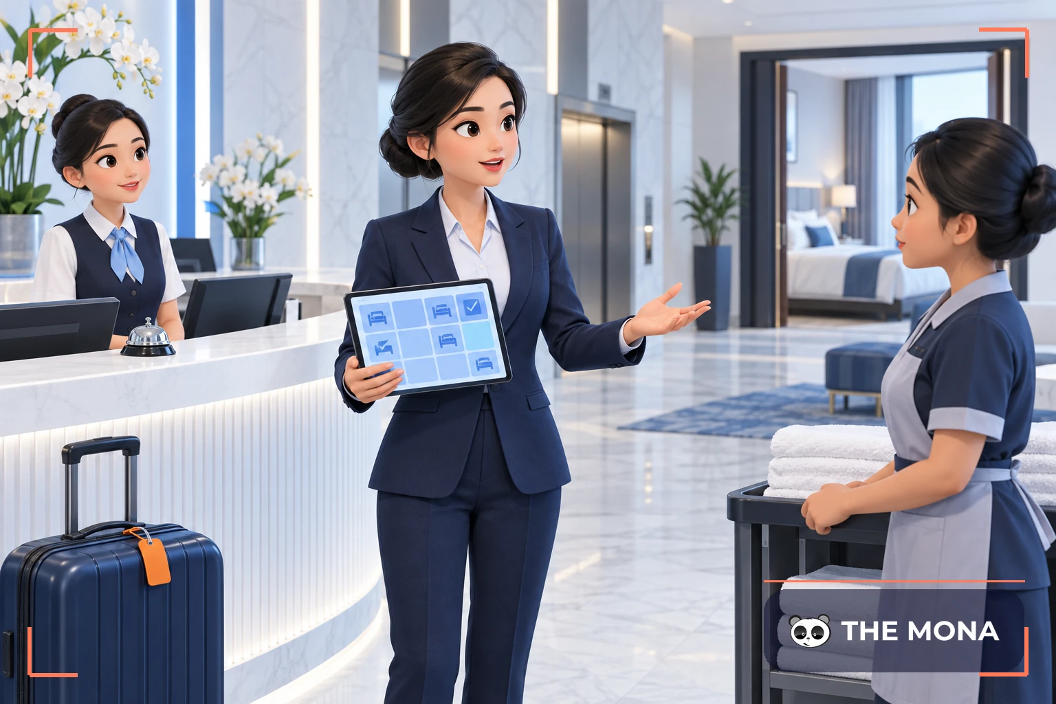 Nữ quản lý khách sạn điều phối nhân viên lễ tân và buồng phòng