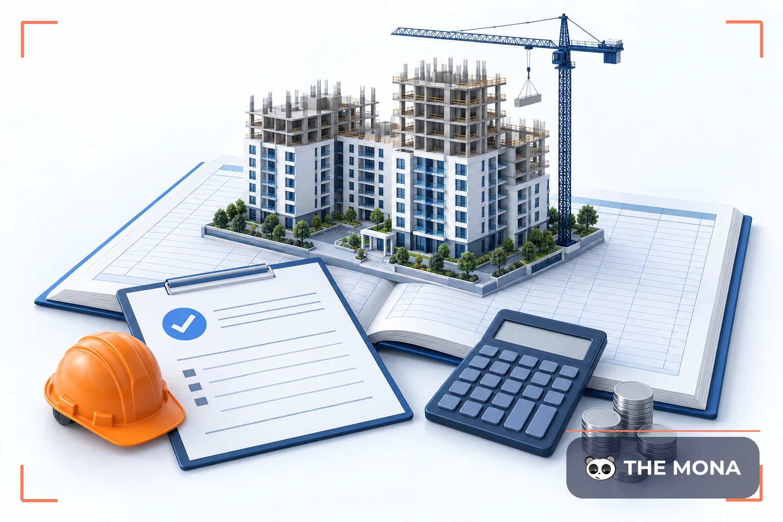 Mô hình chung cư đang xây trên sổ kế toán cạnh hồ sơ nghiệm thu