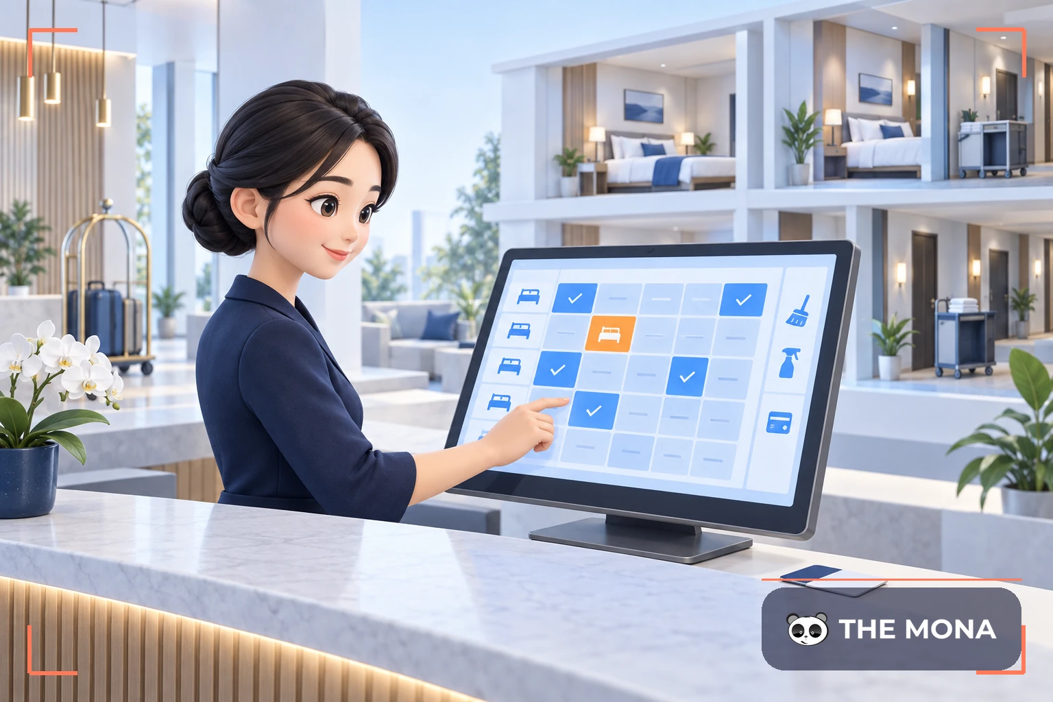 Nhân viên lễ tân sử dụng phần mềm PMS quản lý phòng khách sạn