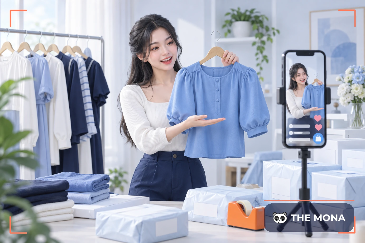Cô gái livestream bán quần áo bên điện thoại và nhiều kiện hàng đóng gói
