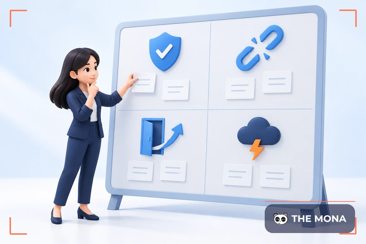 Nữ doanh nhân phân tích ma trận SWOT với bốn nhóm biểu tượng kinh doanh