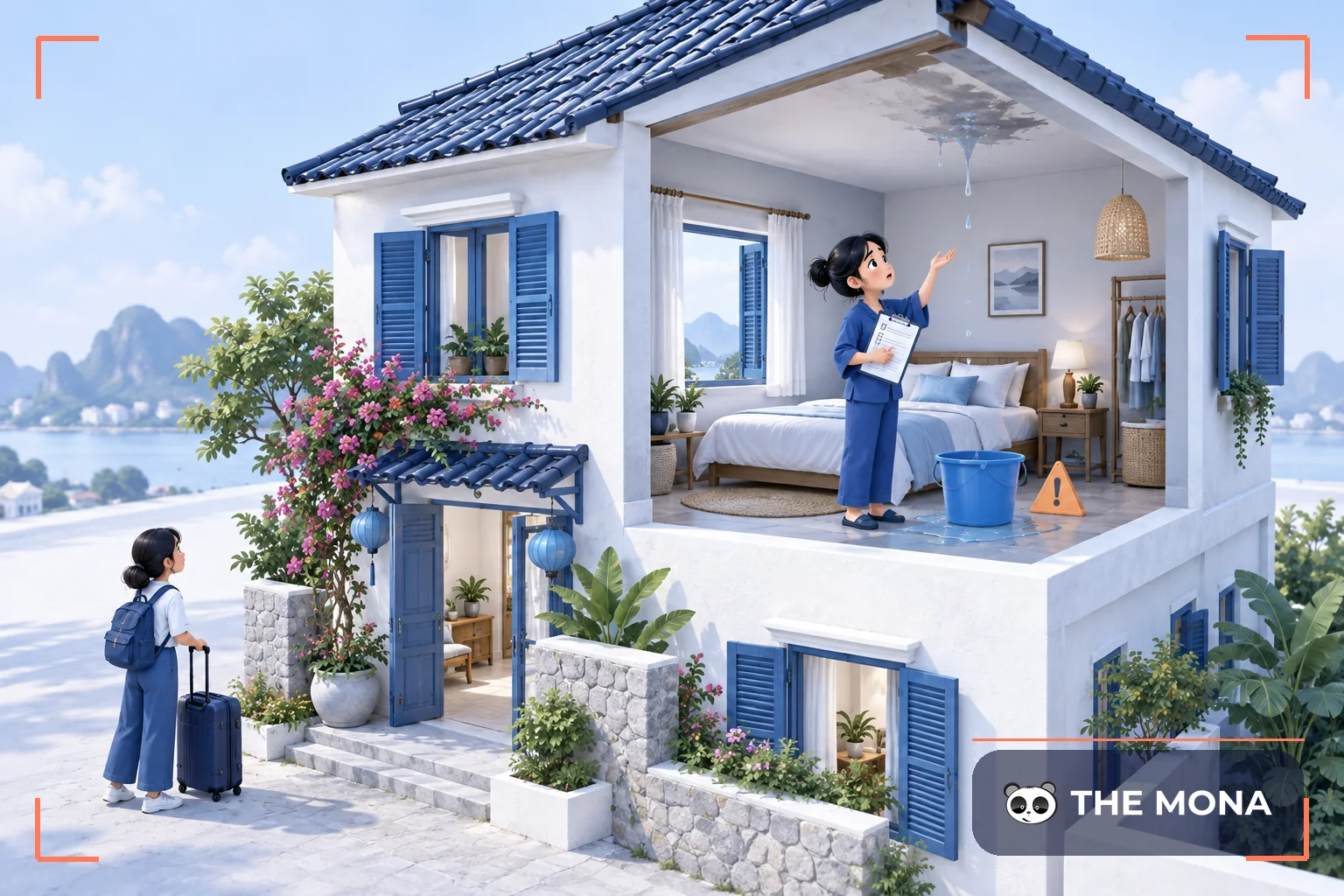 Chủ homestay kiểm tra trần nhà thấm dột trong lúc khách chờ nhận phòng