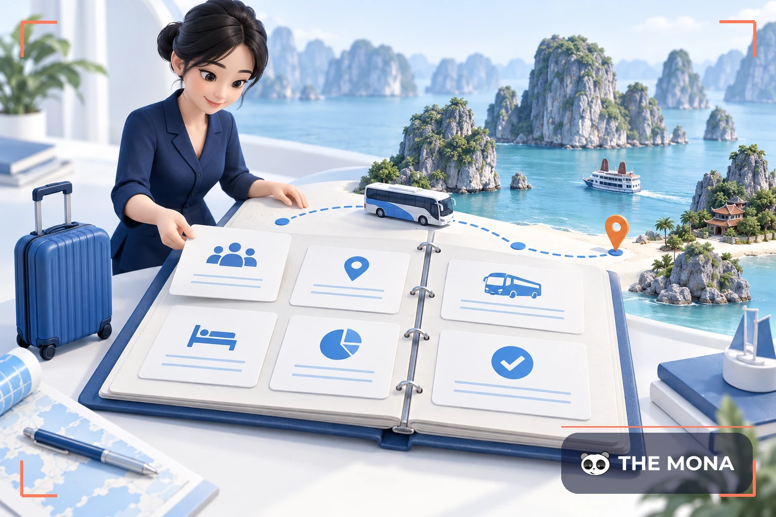 Nhân viên lập kế hoạch kinh doanh lữ hành bên mô hình vịnh Hạ Long