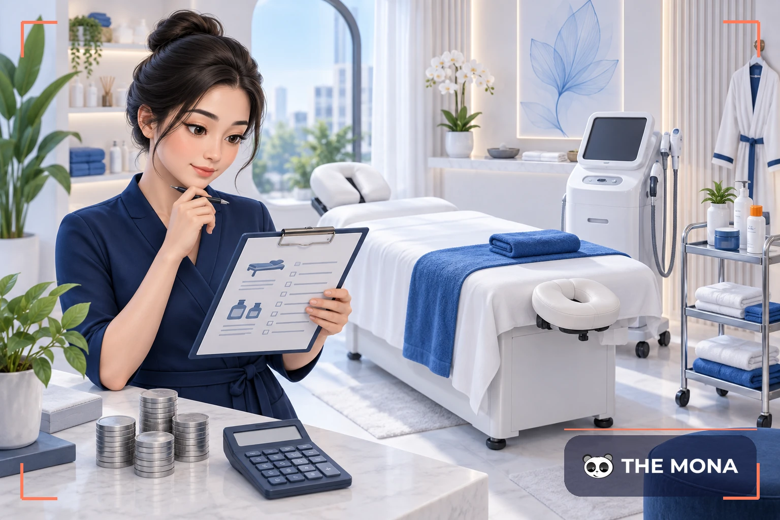 Chủ spa tính toán chi phí bên giường chăm sóc và thiết bị làm đẹp