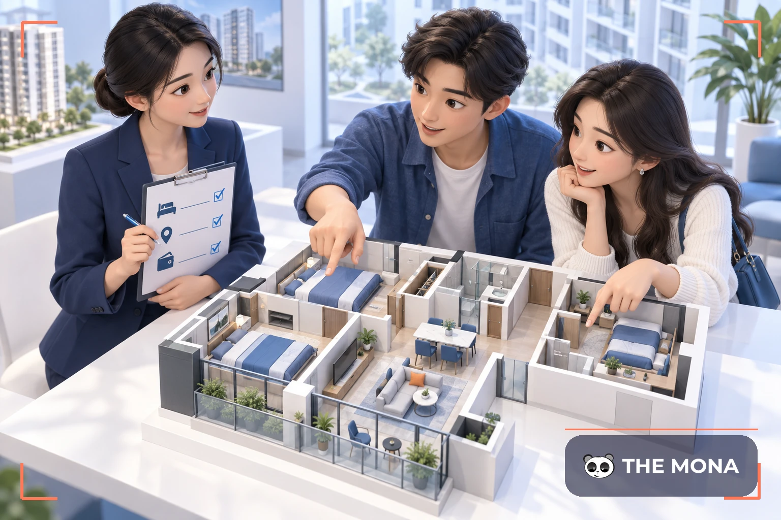 Nhân viên tư vấn nhu cầu khách hàng bên mô hình căn hộ thu nhỏ