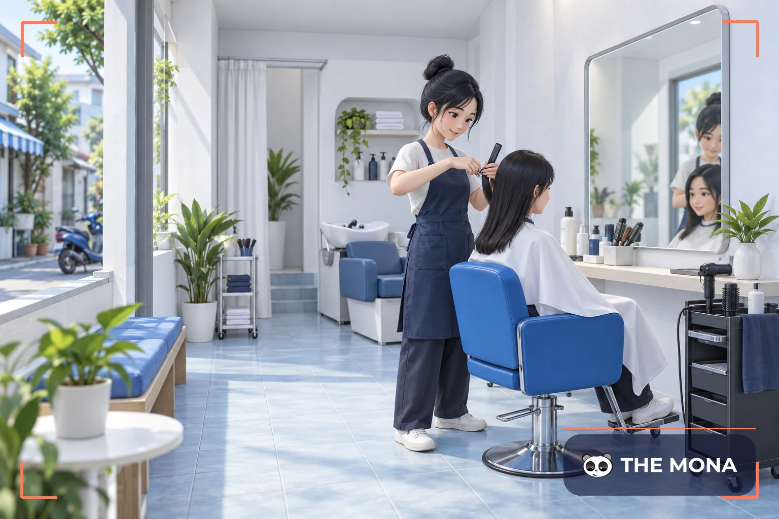 Thợ tóc đang cắt tóc cho khách trong tiệm nhỏ gọn gàng với ghế xanh