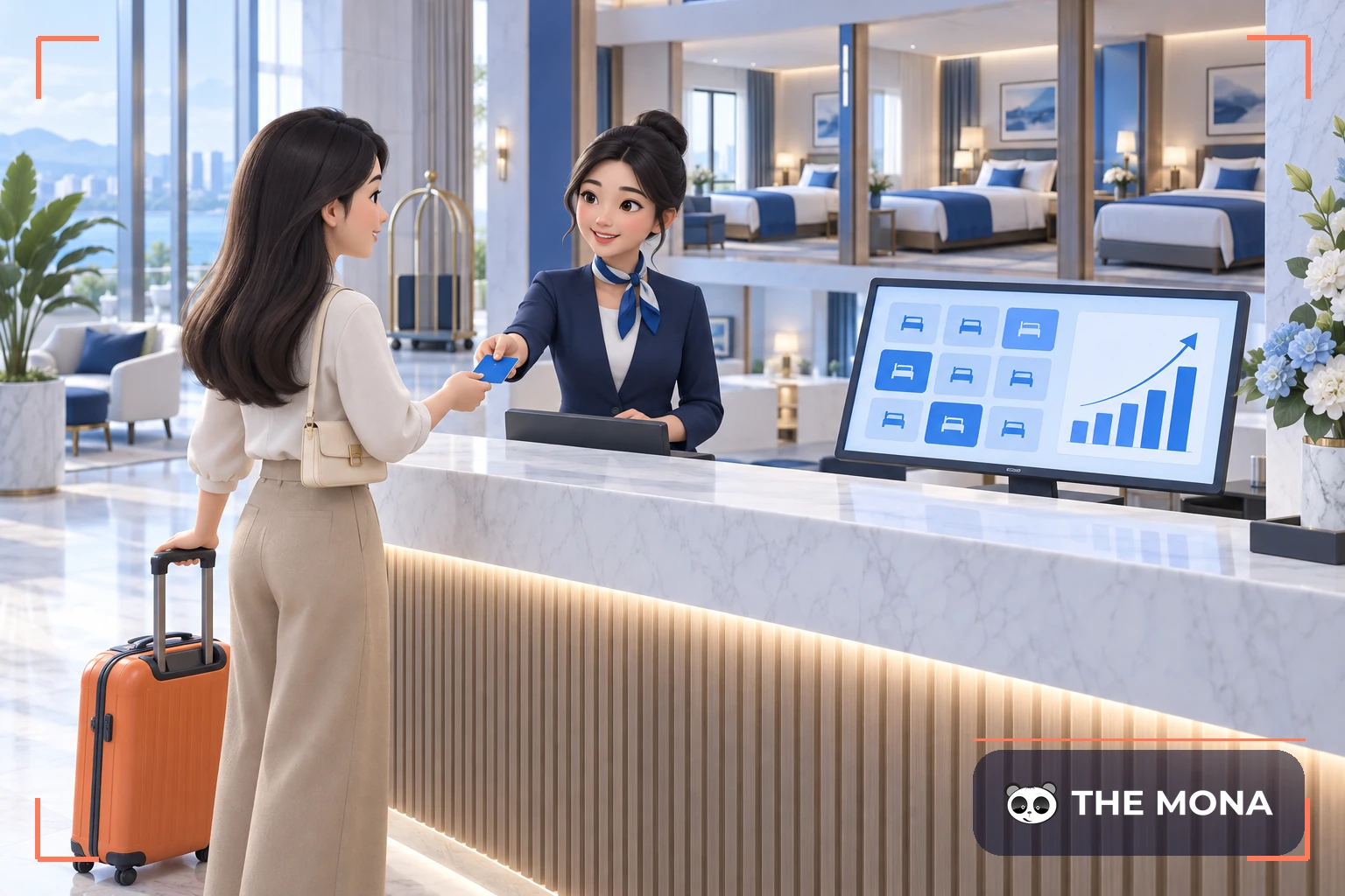 Lễ tân khách sạn đón khách bên màn hình biểu đồ doanh thu tăng trưởng