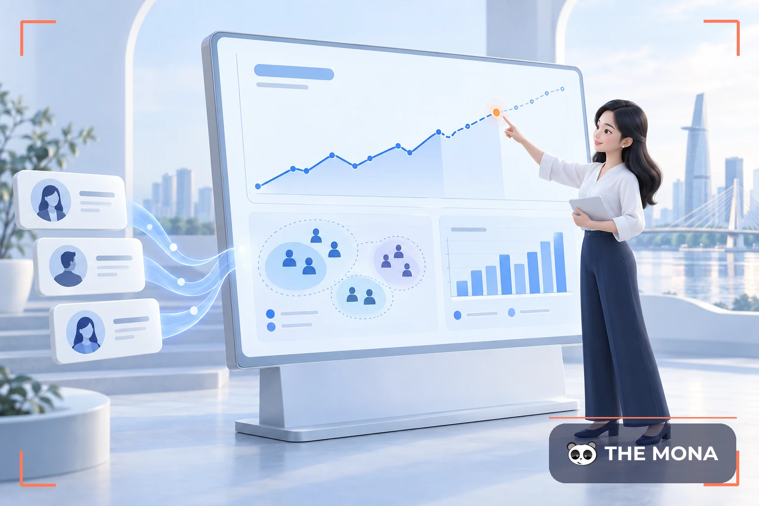 Nữ chuyên viên phân tích dữ liệu khách hàng trên bảng biểu dự báo kinh doanh