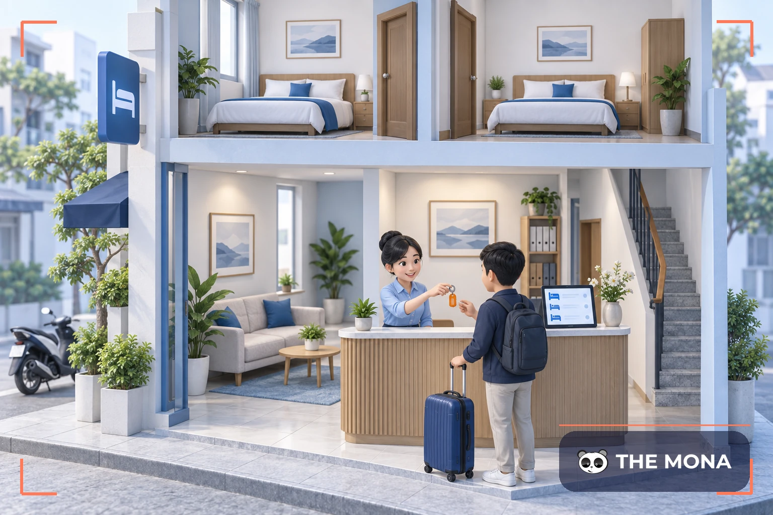 Chủ nhà nghỉ trao chìa khóa cho khách tại quầy, phía trên là phòng ngủ
