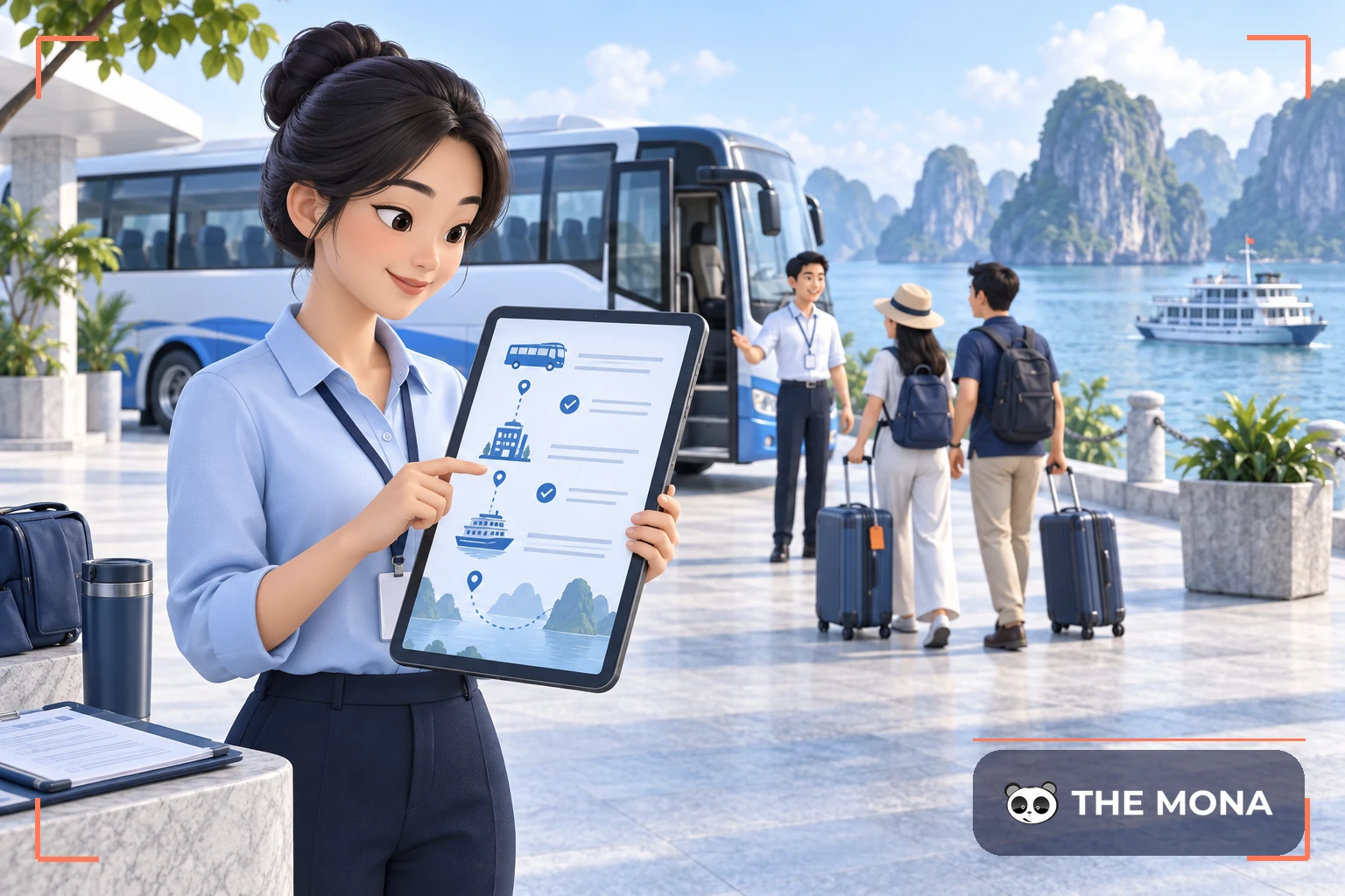 Nhân viên quản lý lịch trình du lịch trên máy tính bảng tại Hạ Long