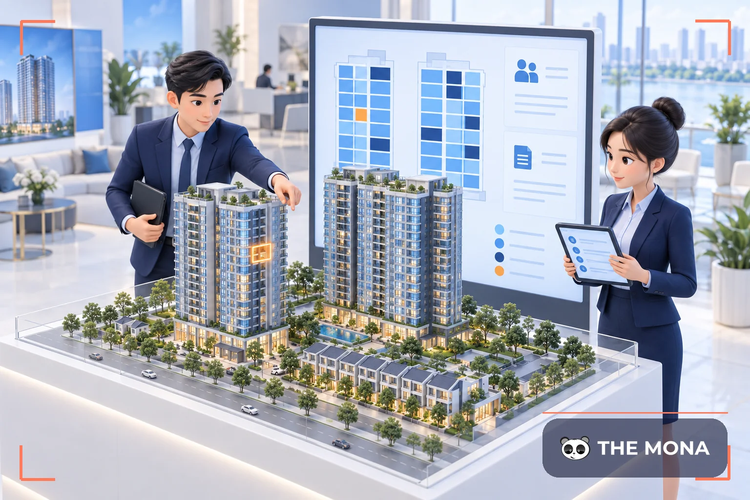 Nhân viên quản lý giao dịch bất động sản bên sa bàn và màn hình