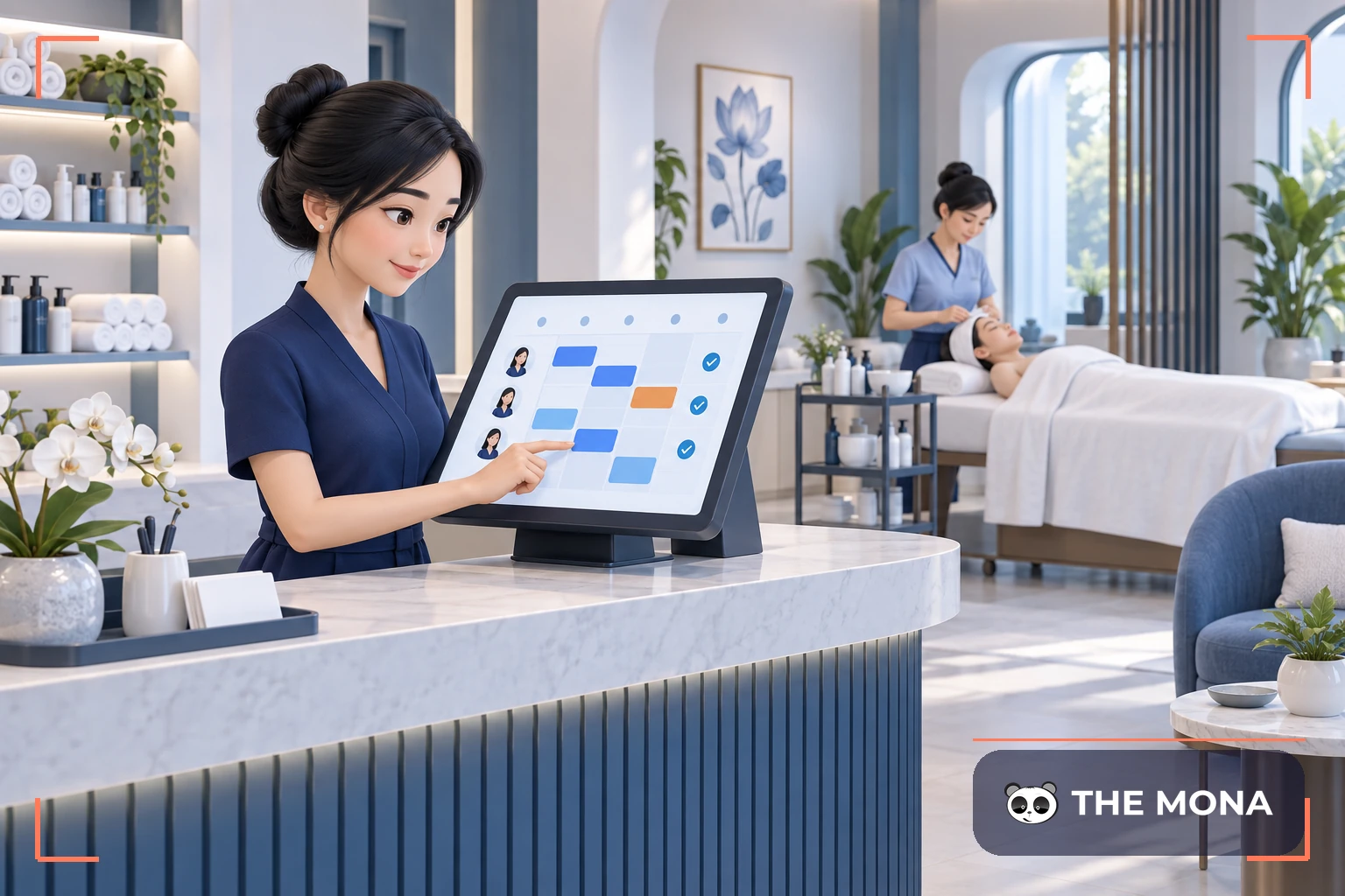 Chủ spa quản lý lịch hẹn trên màn hình cạnh khu vực chăm sóc khách