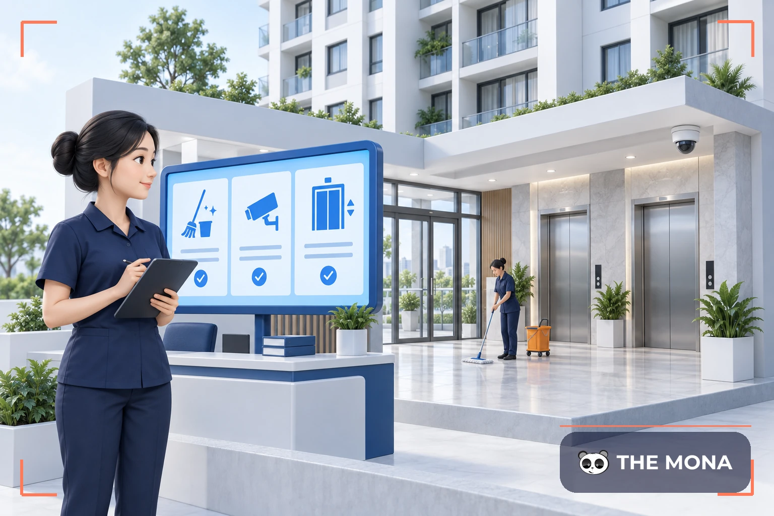 Nhân viên giám sát vệ sinh, an ninh và thang máy tại sảnh chung cư