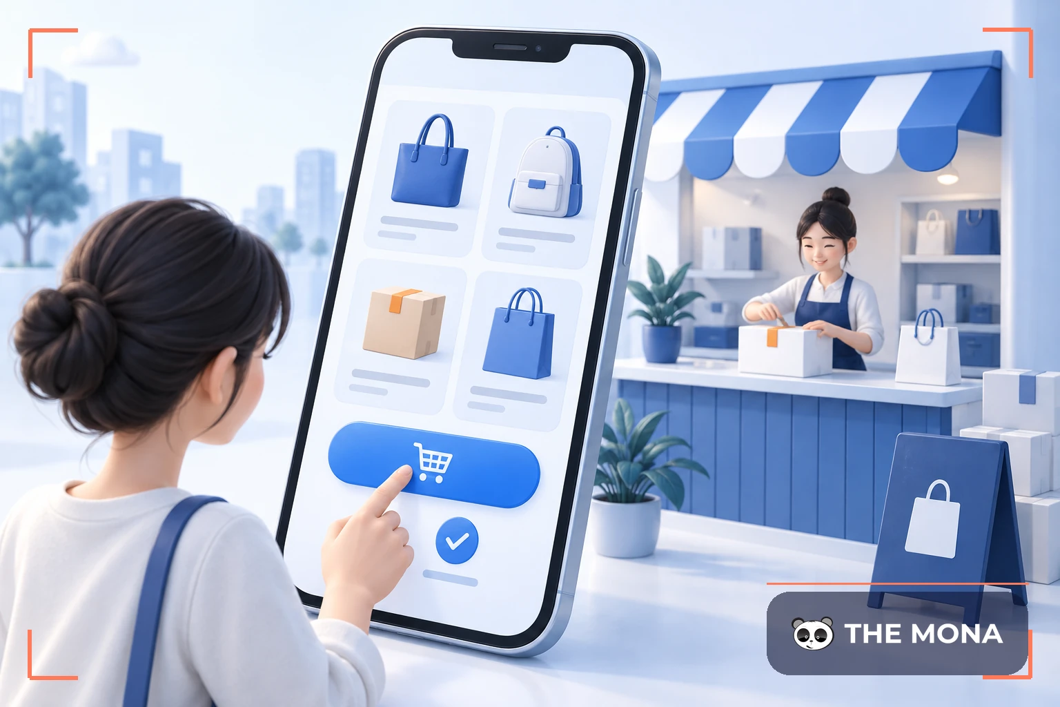 Khách hàng mua sắm qua ứng dụng di động, chủ cửa hàng đóng gói đơn hàng
