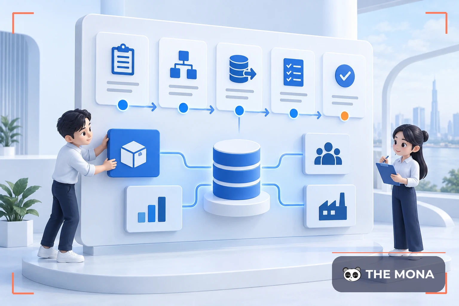 Hai chuyên viên minh họa các bước triển khai ERP và kết nối phòng ban