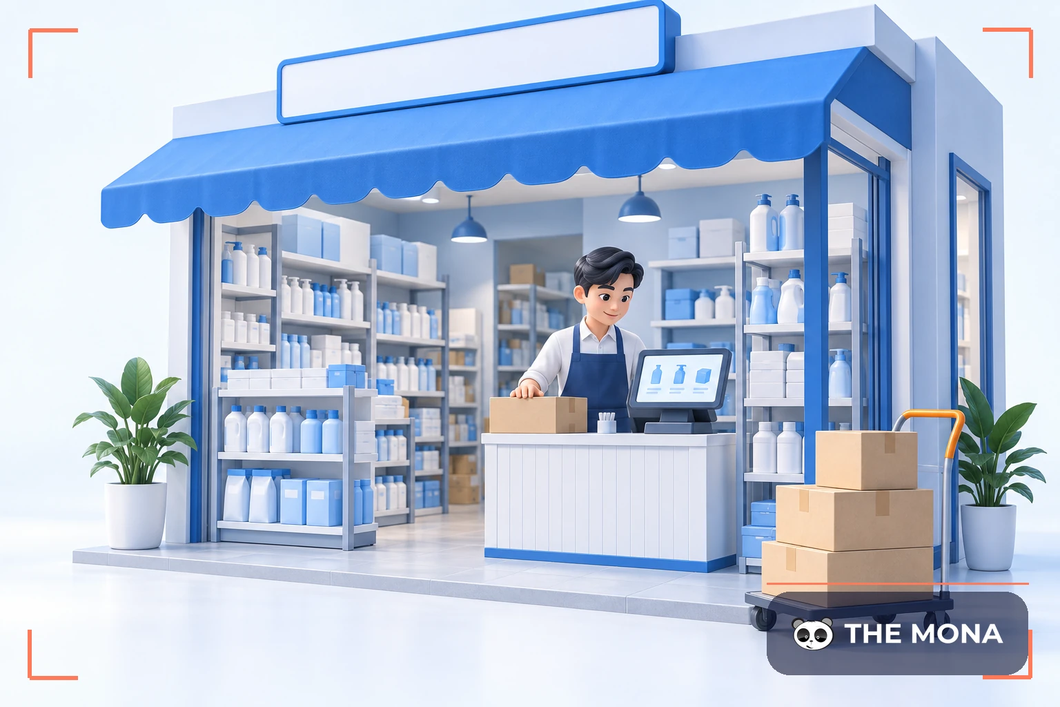 Chủ đại lý quản lý hàng hóa tại quầy bán hàng bên các kệ sản phẩm