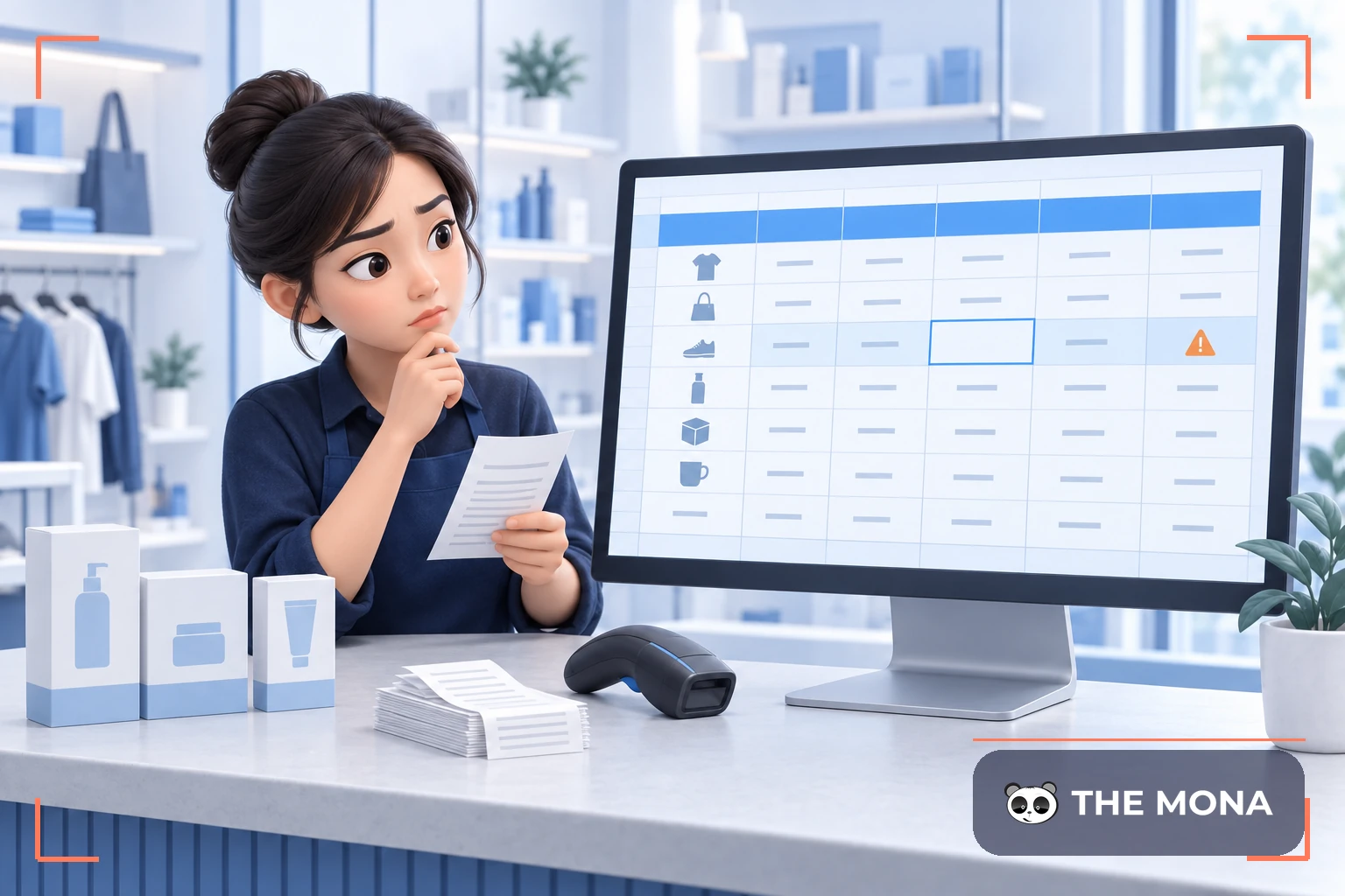 Chủ cửa hàng đối chiếu hóa đơn với bảng tính bán hàng trên màn hình