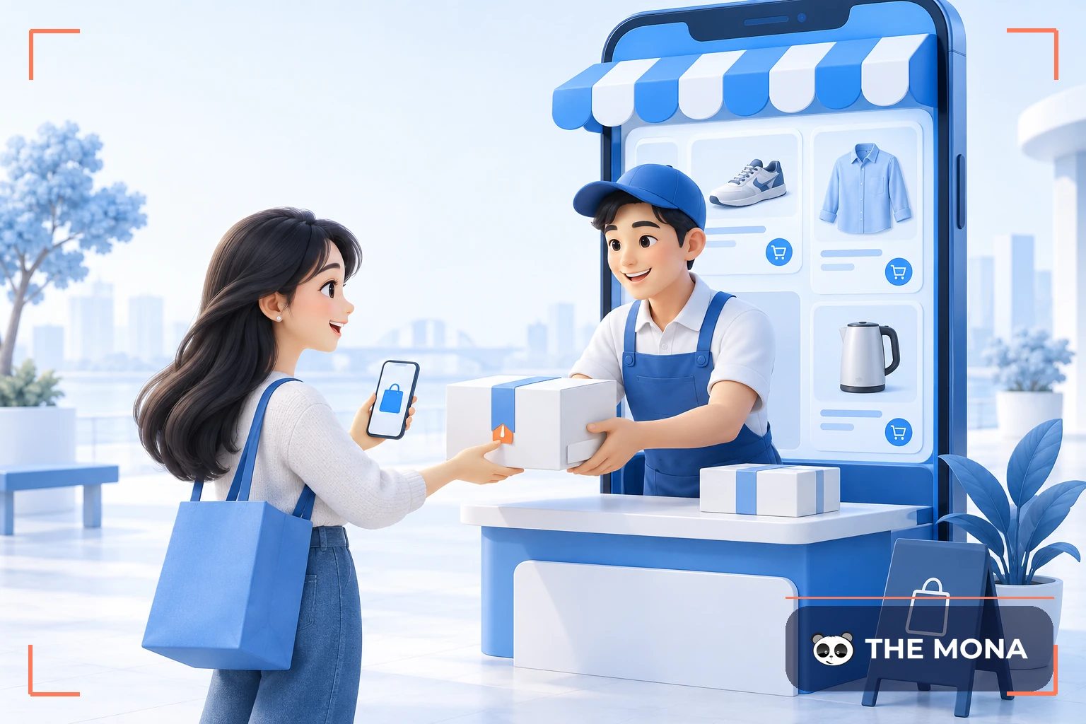Người bán trao hàng cho khách mua trực tuyến tại cửa hàng trên điện thoại