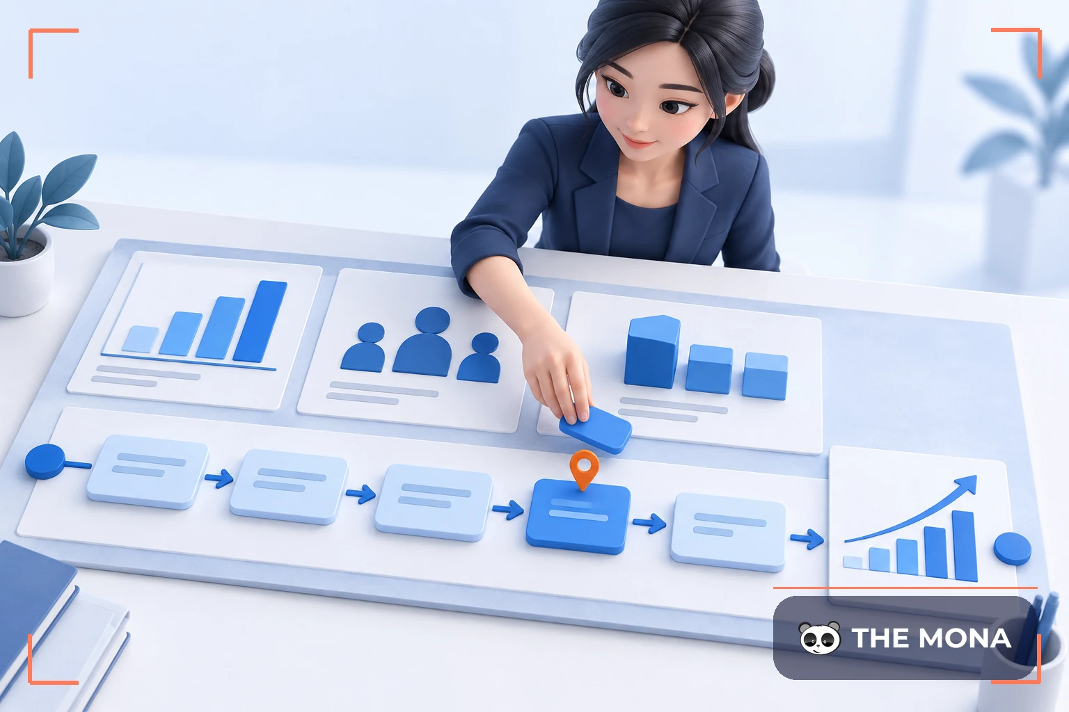 Nữ doanh nhân sắp xếp các bước xây dựng chiến lược kinh doanh trên bảng