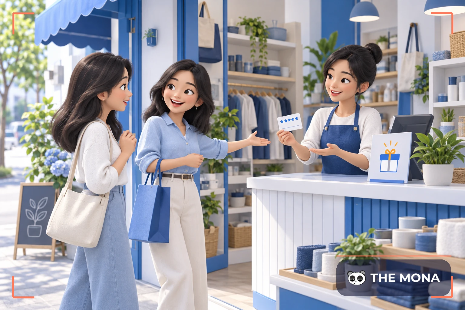 Khách quen giới thiệu bạn đến cửa hàng, chủ tiệm trao thẻ tích điểm