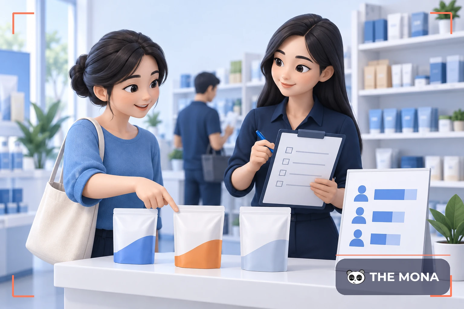Nhân viên khảo sát khách hàng lựa chọn sản phẩm để nghiên cứu thị trường