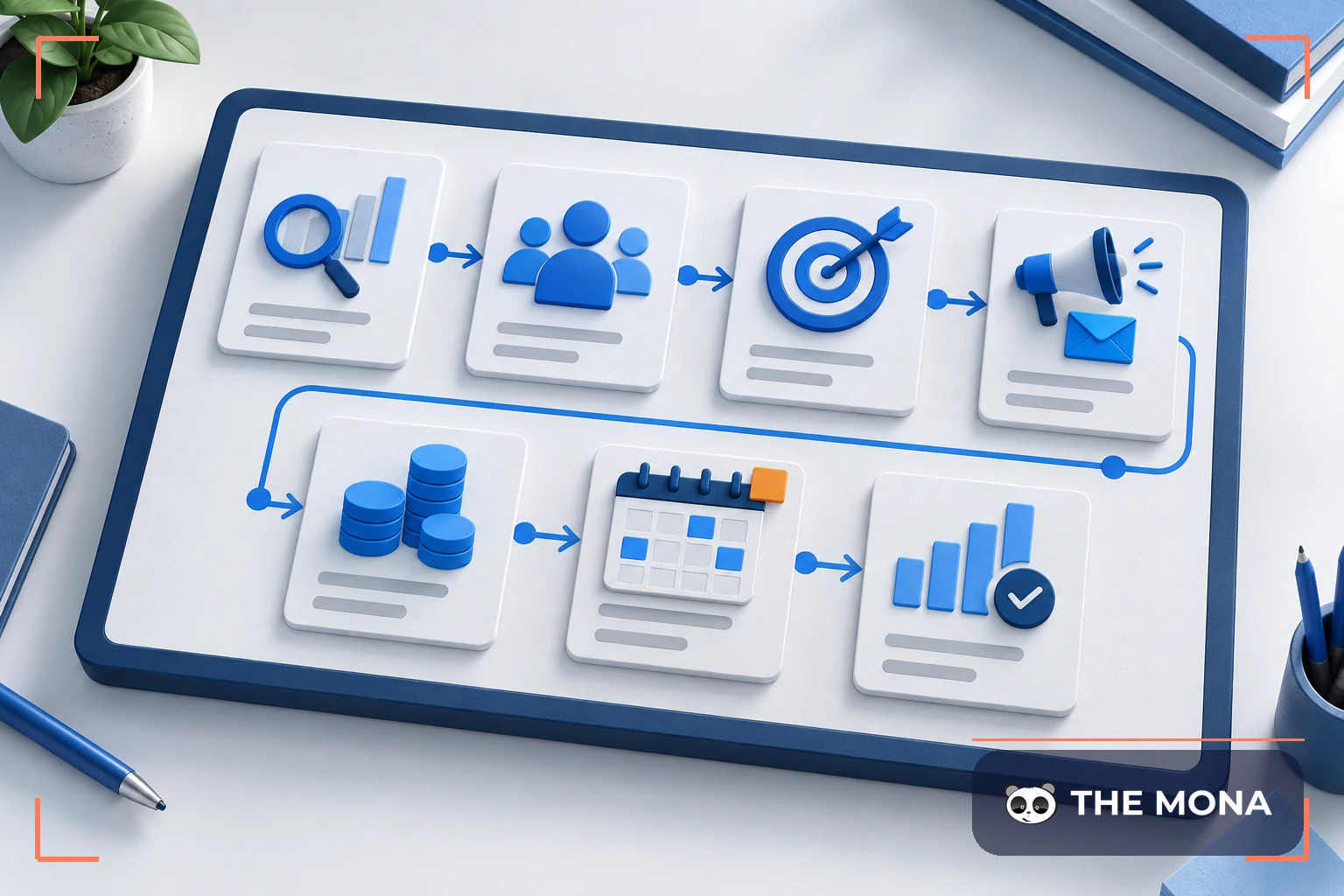 Bảng kế hoạch marketing gồm bảy bước với biểu tượng ngân sách và lịch trình