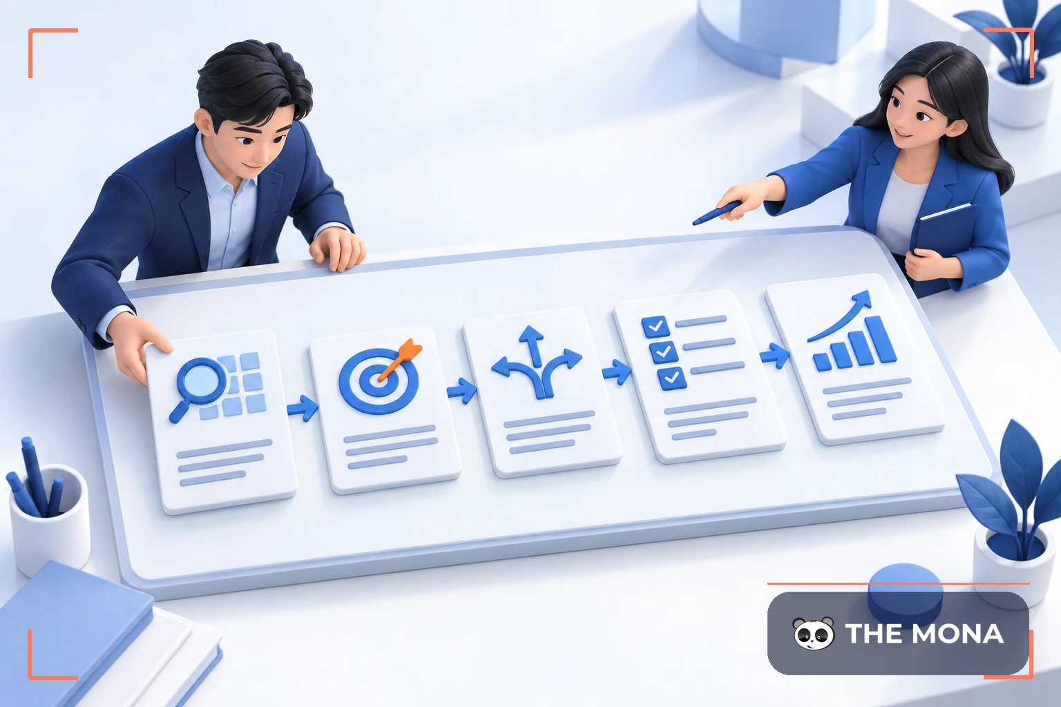 Hai nhà quản lý thảo luận bên bảng kế hoạch chiến lược gồm năm bước