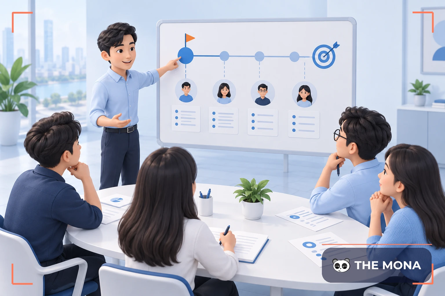 Nhóm nhân viên họp khởi động dự án, phân công nhiệm vụ bên bảng kế hoạch