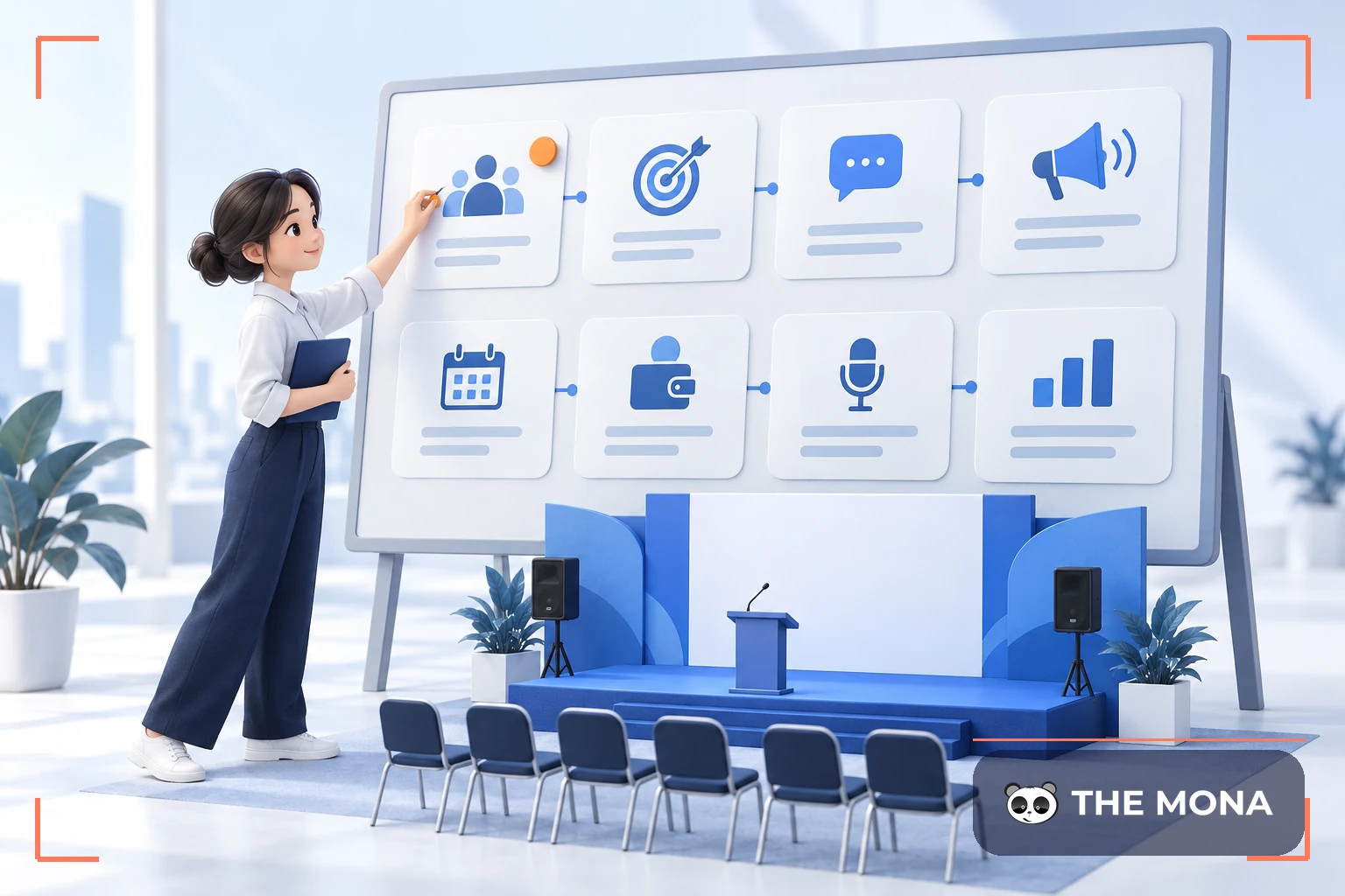 Nhân viên lập bảng kế hoạch truyền thông tám bước bên mô hình sân khấu